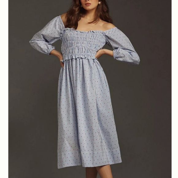 Anthropologie Blue Striped Off-Shoulder Dress - Picture 1 of 4